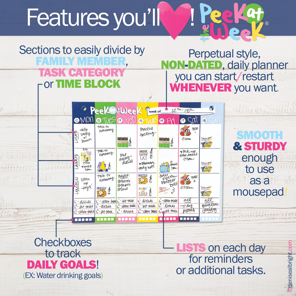 NEW! Peek at the Week® Weekly Planner Pad | Simple Cheery Week | Checklists, Priorities, Dry Erase Backer