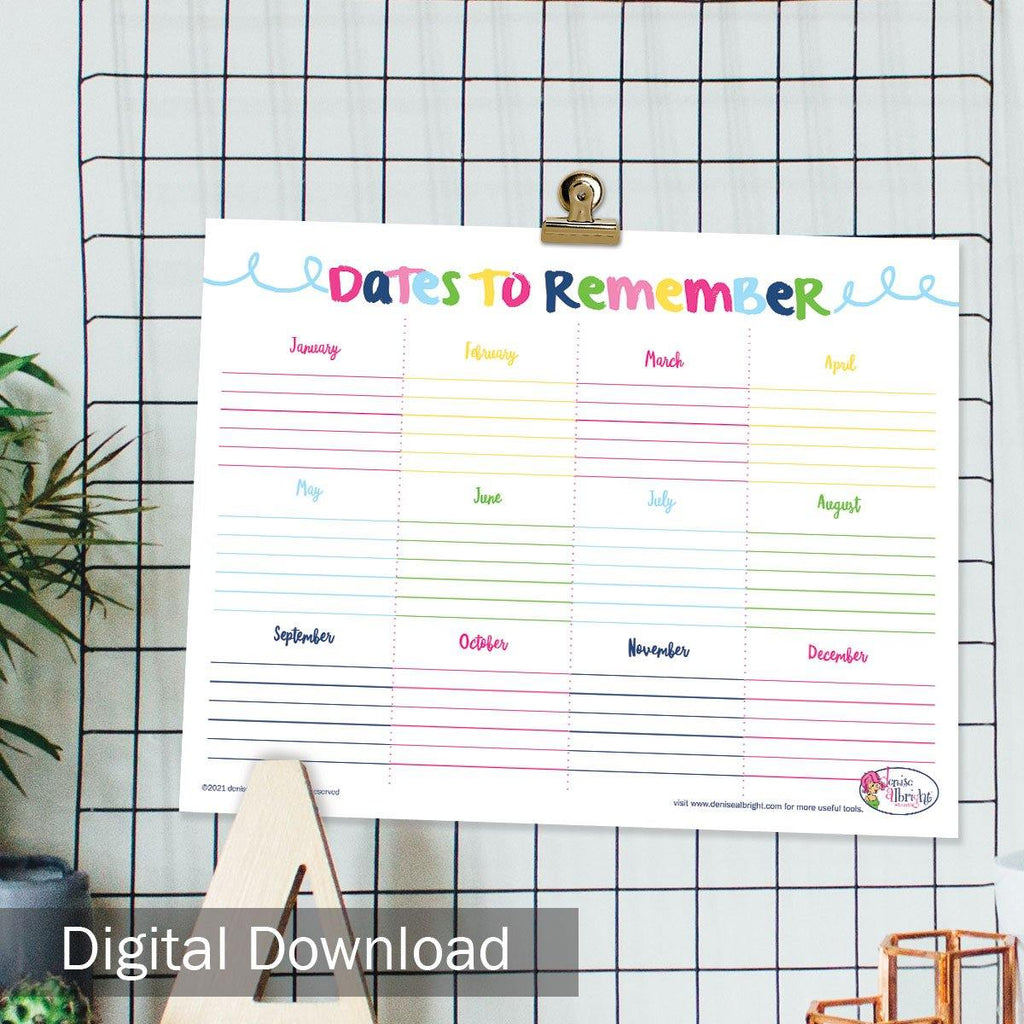 FREE Digital Download | Dates to Remember Worksheet | All Bright & Cheery | Print-ready, Delivered Instantly - Denise Albright® 
