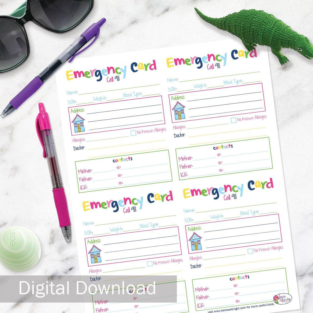 FREE Digital Download | Kids' Emergency Card | All Bright & Cheery | Print-ready, Delivered Instantly - Denise Albright® 