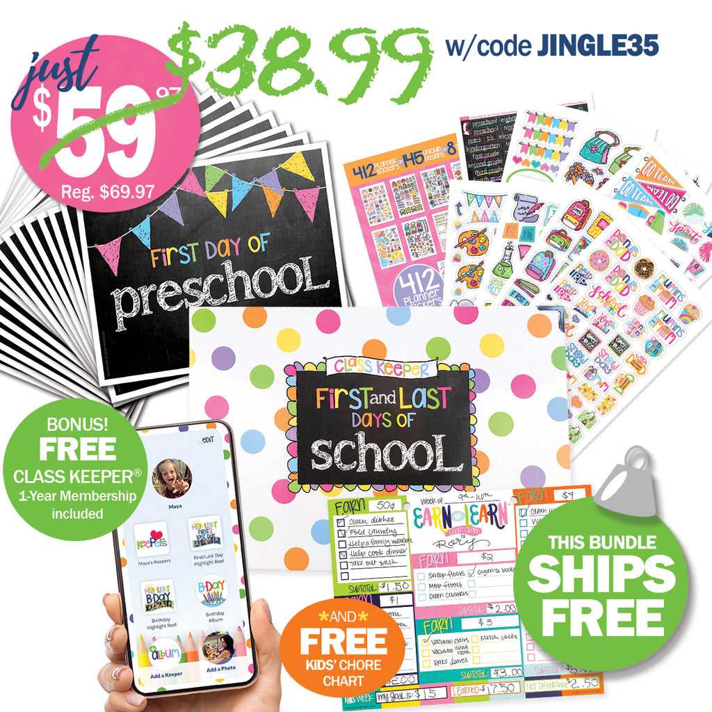 Mom Must-Have School Keepsake Kit | Class Keeper®, Photo Prop Deck & School Stickers | BONUS! App Membership + BONUS! Earn & Learn® Chore Chart Pad | (2) Styles