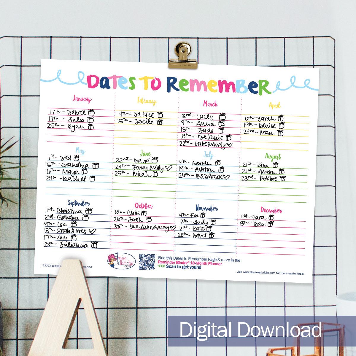 FREE Digital Download | Dates to Remember Worksheet | All Bright & Che – Denise Albright® free-digital-download-dates-to-remember-worksheet-all-bright-che-denise-albright