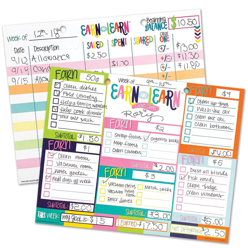 Earn & Learn® Kids Money Management Chore Chart Pad | Dry Erase Savings Tracker for School Age Kids - Denise Albright® 