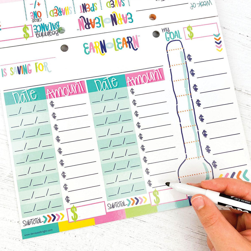 Earn & Learn® Kids Money Management Chore Chart Pad | Dry Erase Savings Tracker for School Age Kids - Denise Albright® 