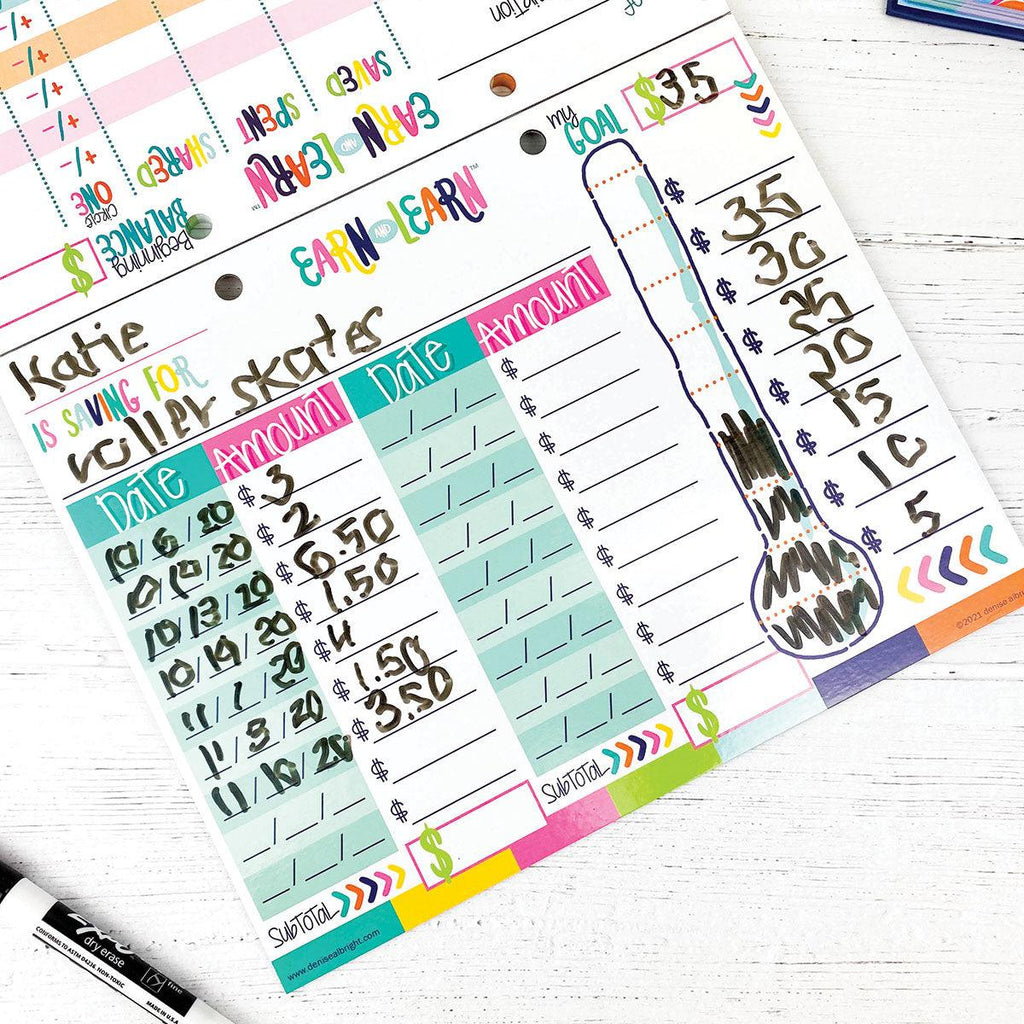 Earn & Learn® Kids Money Management Chore Chart Pad | Dry Erase Savings Tracker for School Age Kids - Denise Albright® 