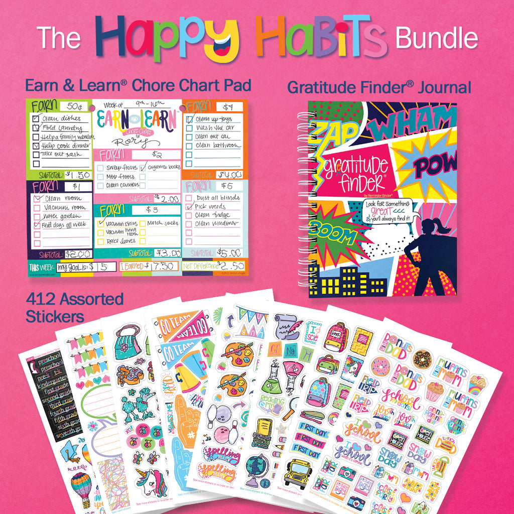 NEW! Happy Habits Bundle for Kids | Chore Chart, Gratitude Journal & Stickers + BONUS App Membership | Teach Responsibility & Positivity | HOT DEAL | No Code Needed