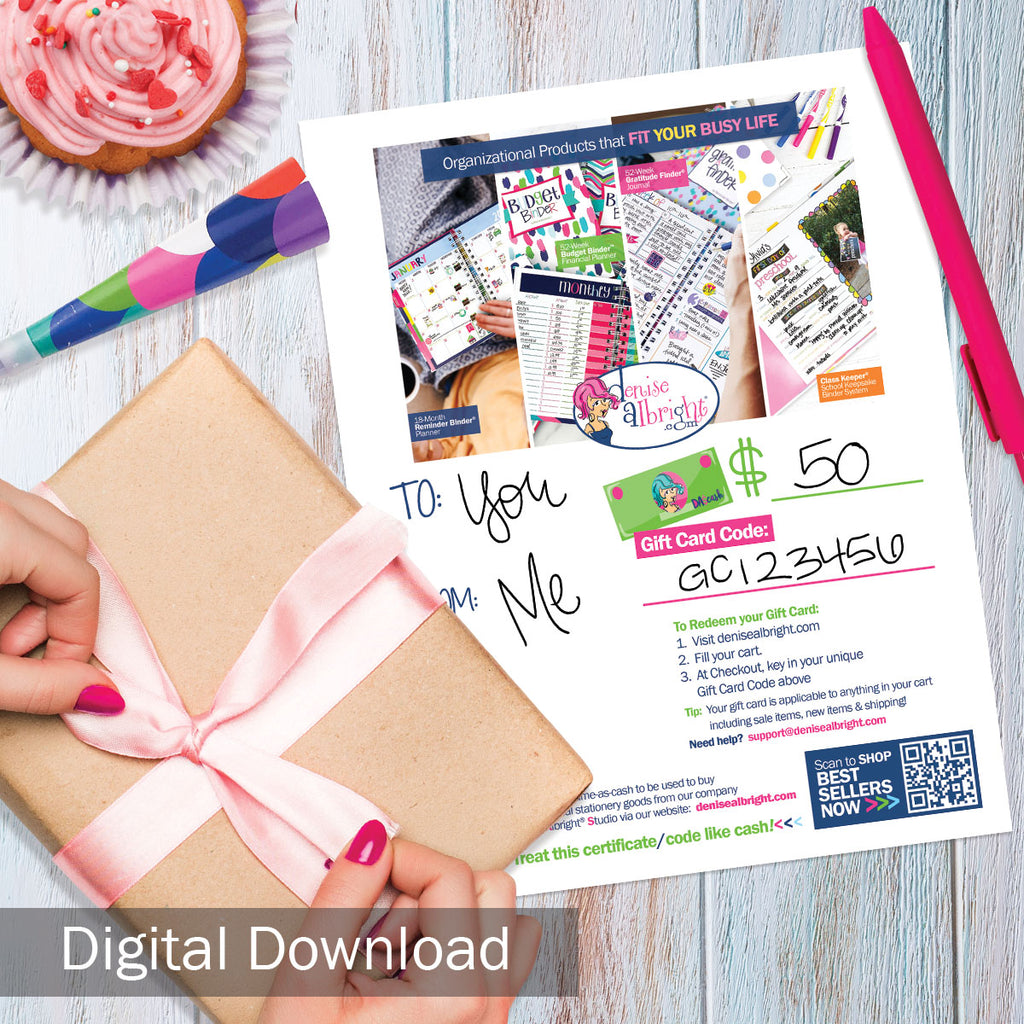 FREE Digital Download | Denise Albright® Studio Gift Card Fill-In Printable | Print-ready, Delivered Instantly