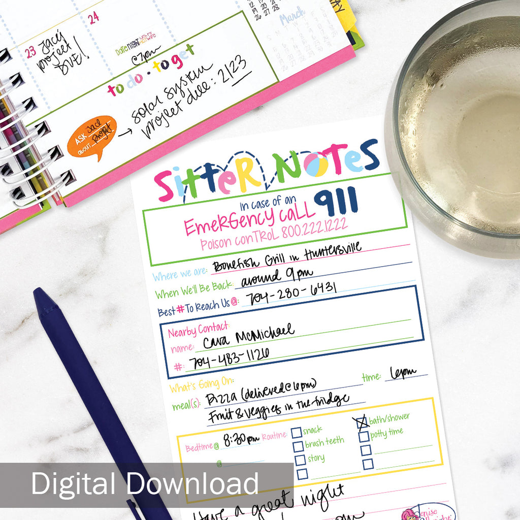 FREE Digital Download | Babysitter Sitter Notes | 3 Color Options | Print-ready, Delivered Instantly