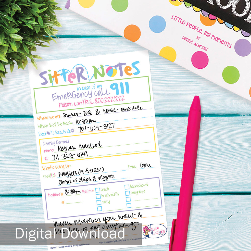 FREE Digital Download | Babysitter Sitter Notes | 3 Color Options | Print-ready, Delivered Instantly